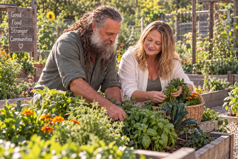 Deb and Ian picking herbs from a raised garden bed, Deb holding a bunch of greens above a wicker basket.