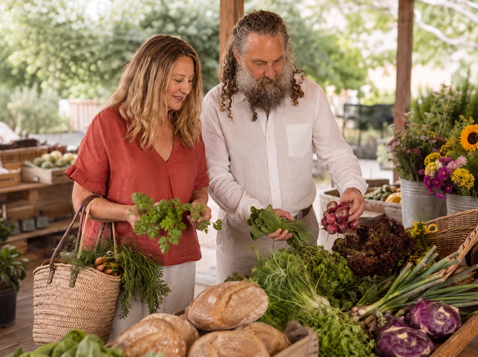 Deb and Ian choosing herbs and radishes at a market stall stacked with vegetables, bread and cut flowers.