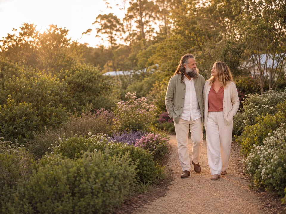 Deb and Ian walking together along a gravel path through a flowering garden in low late-afternoon light.