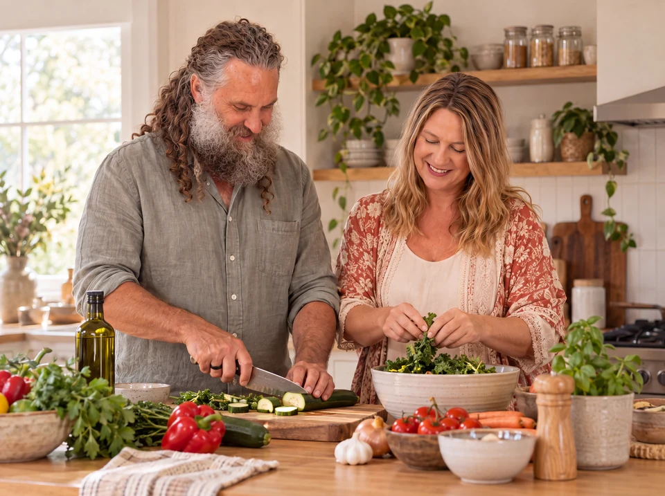 Ian slicing zucchini on a wooden board while Deb lifts kale into a large bowl, a bench of vegetables and herbs between them.