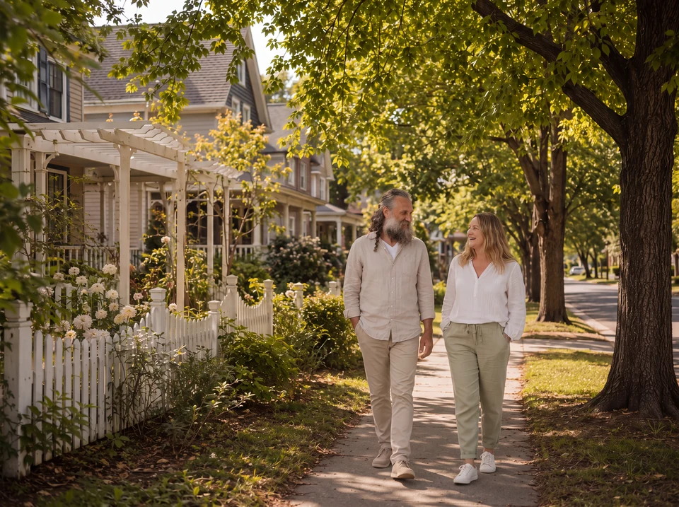 Deb and Ian walking and talking along a tree-lined footpath past timber houses with picket fences.
