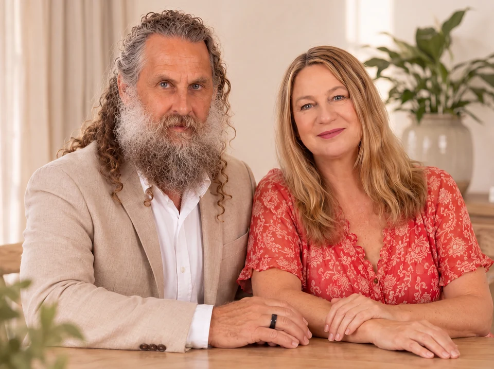 Deb and Ian seated together at a timber table, hands resting on the tabletop, looking towards the camera.
