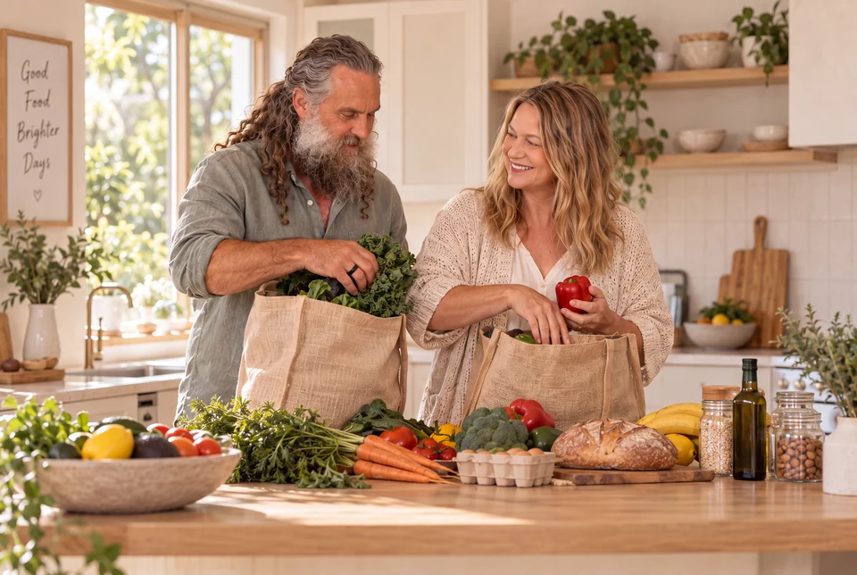 Deb and Ian unpacking hessian shopping bags at a kitchen bench spread with vegetables, bread and eggs.