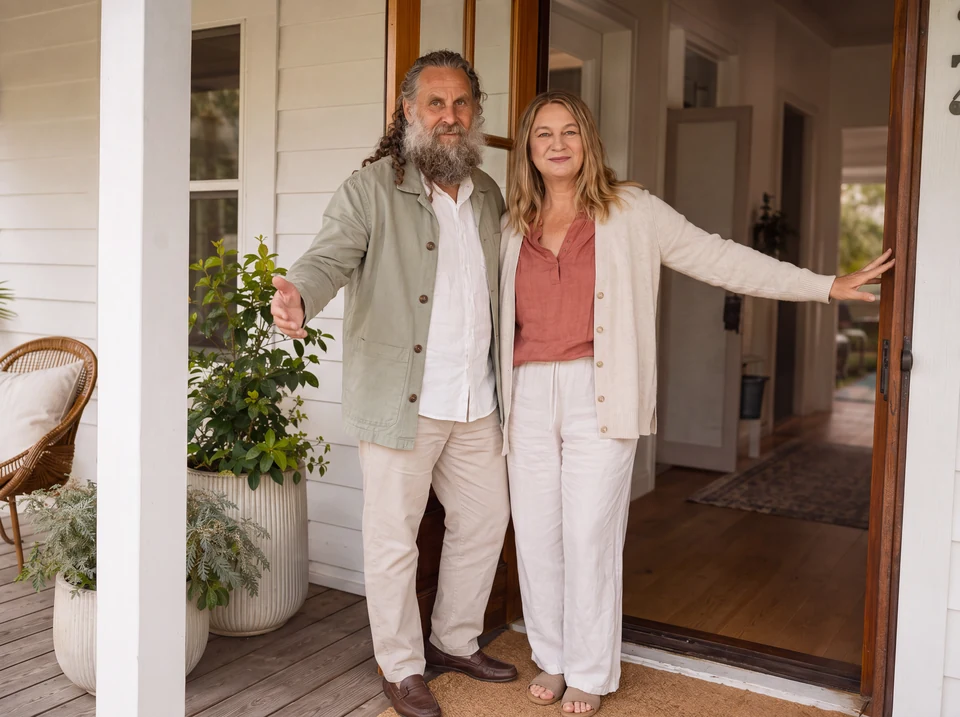 Deb and Ian standing in the open doorway of a weatherboard house, one arm holding the door wide.
